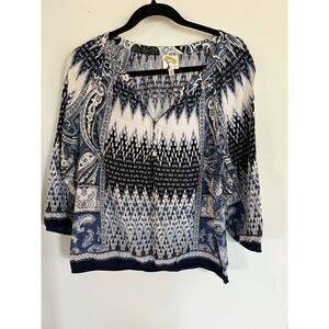 Anthropologie Fig&Flower Navy/White Peasant Top sz XL BOHO Elastic Waist